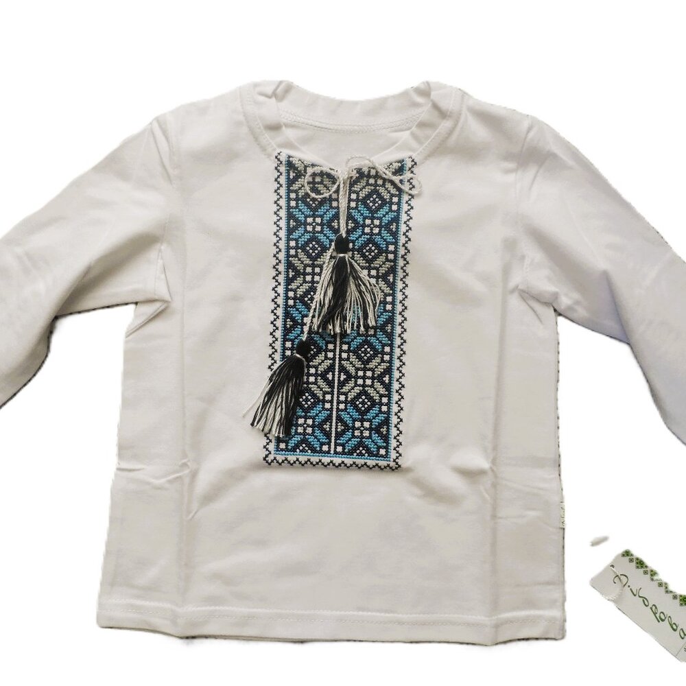 White Long Sleeve Embroidered Kids Top with Tassel Detail